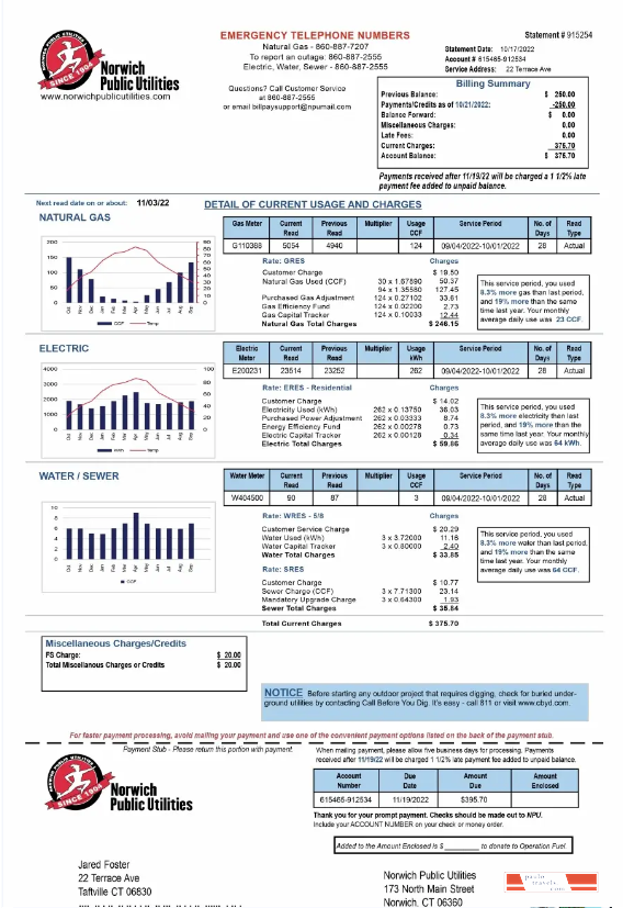 USA NORWICH PUBLIC UTILITIES utility bill Word and PDF template